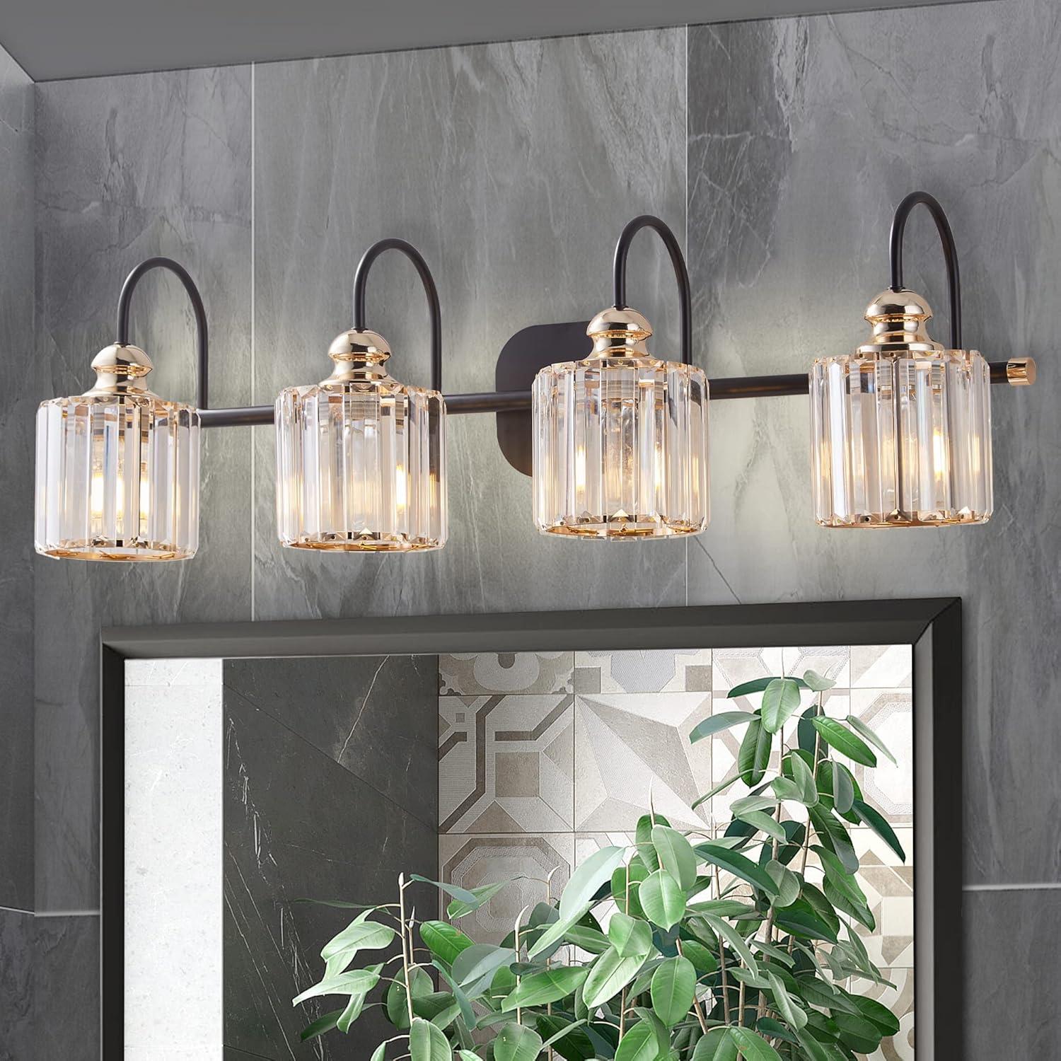 ExBriteUSA 4-Light Wide Gold Crystal Bathroom Vanity Lights,