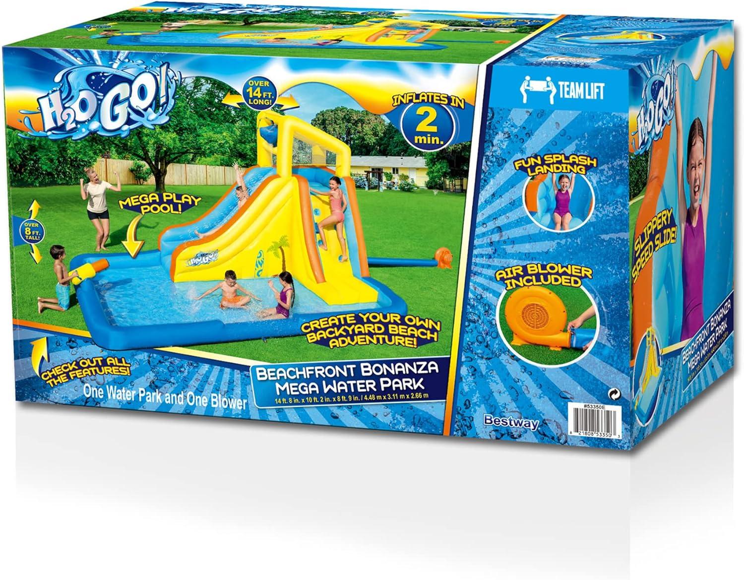 Bestway H2OGO! Beachfront Bonanza Kids Inflatable Mega Water Park with Giant Slide, Spontaneous Dump Bucket, Storage Bag, & Air Blower for Quick Setup