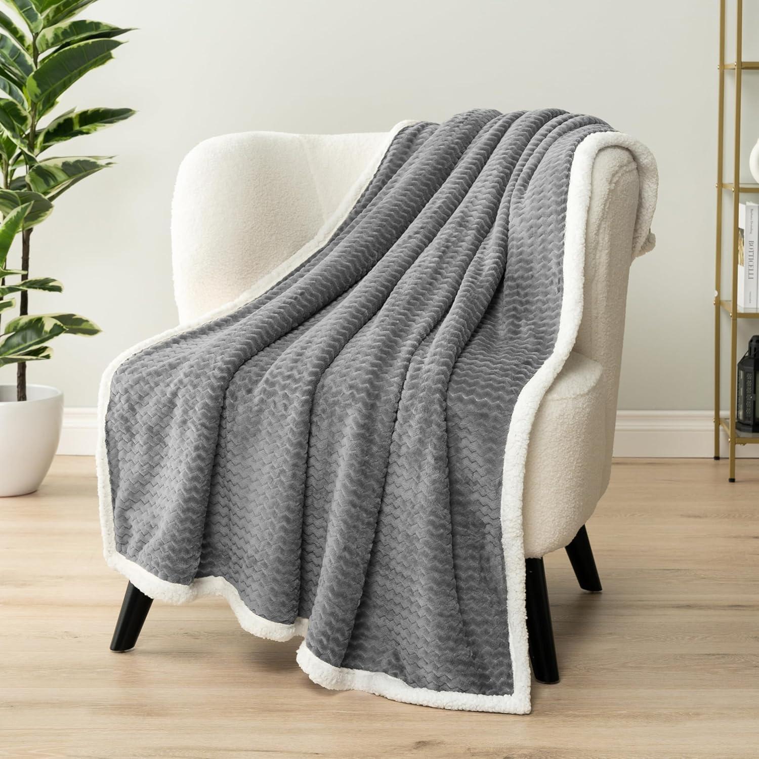 PAVILIA Soft Fleece Blanket Throw for Couch, Lightweight Plush Warm Blankets for Bed Sofa with Jacquard Pattern, Gray/Throw - 50x60
