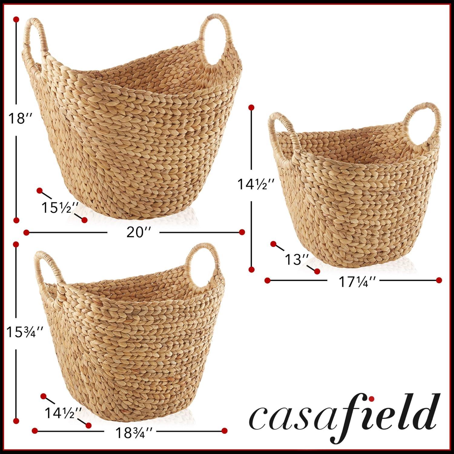 Casafield Set of 3 Water Hyacinth Boat Baskets with Handles, Woven Storage Organizers for Blankets, Laundry, Bathroom, Bedroom, Living Room