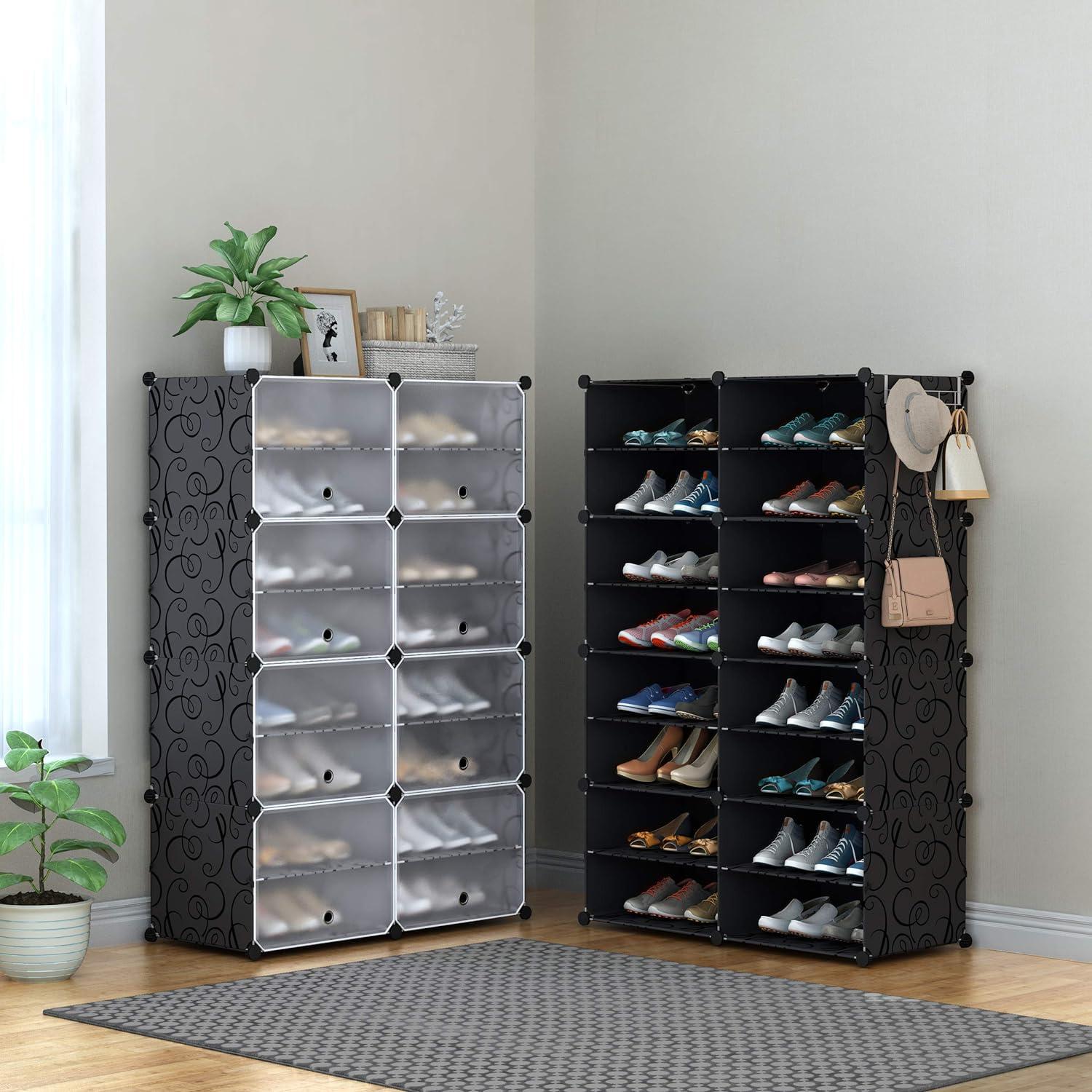 Black 8-Tier Plastic and Metal Shoe Rack with Doors