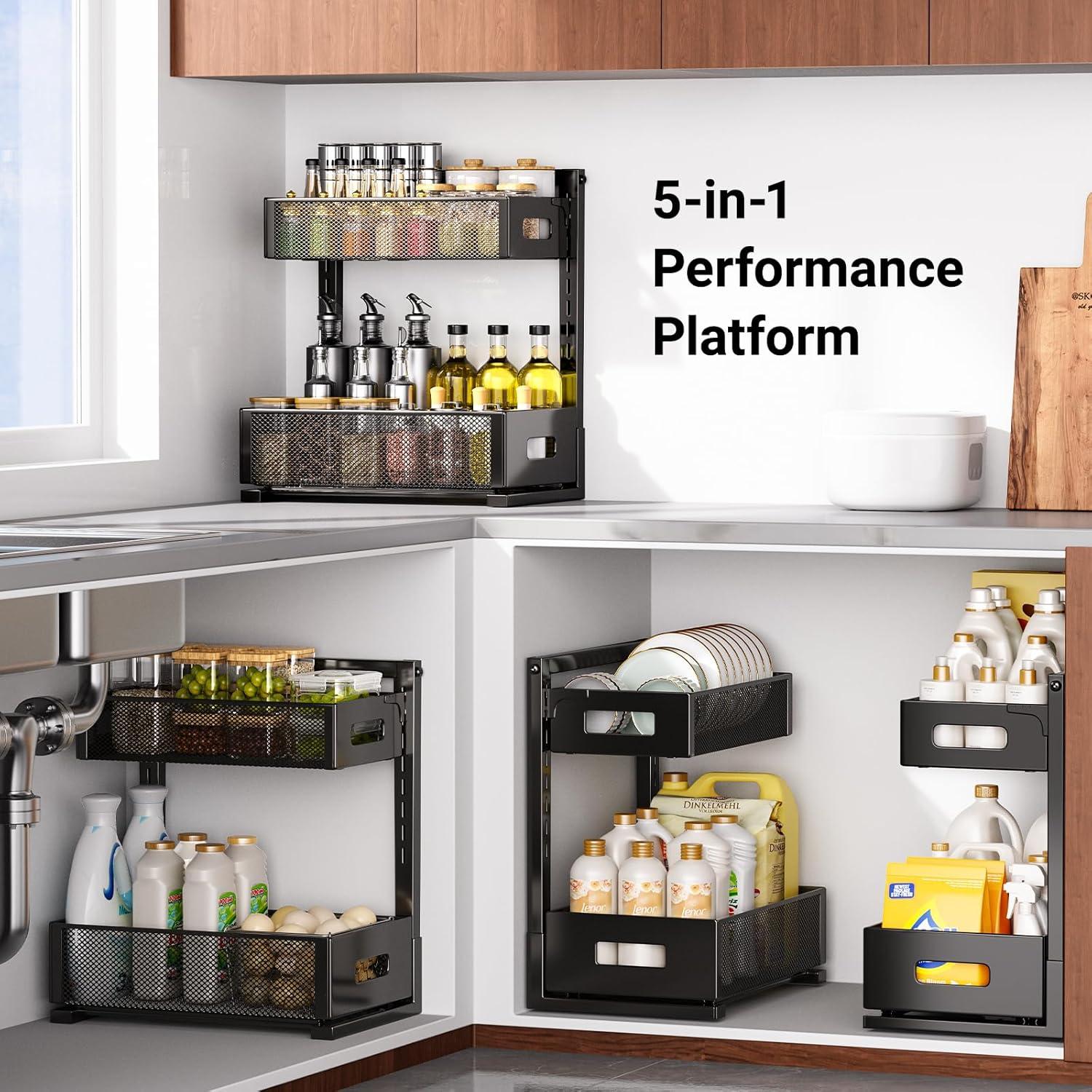 2-Tier Metal Under Sink Organizer, Pull Out Smoothly Under Kitchen Sink Organizer with Track, Large Capacity Heavy Load Under Sink Storage for Kitchen and Bathroom