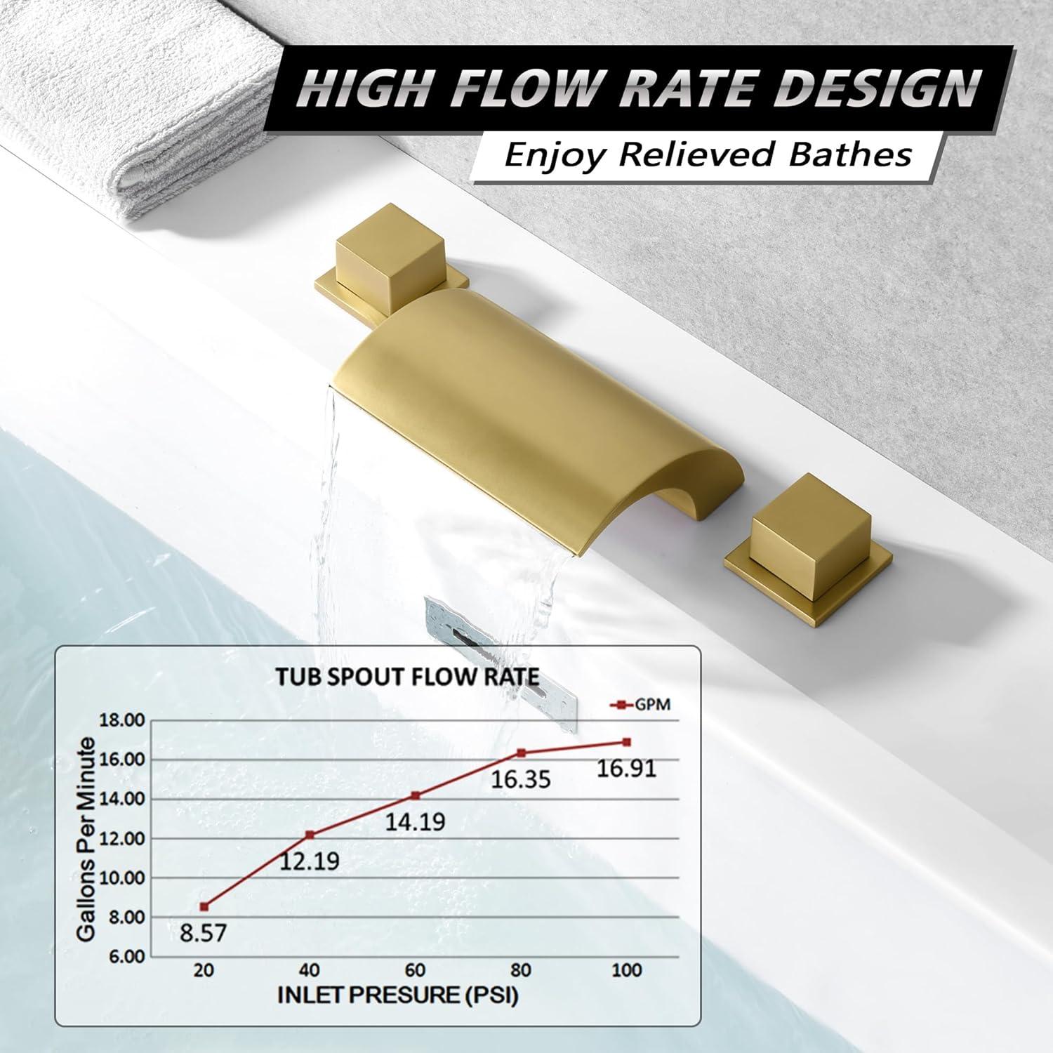 Bathroom Roman Tub Faucet with Waterfall Spout, 3 Hole Deck Mount Bath Tub Filler Brushed Gold