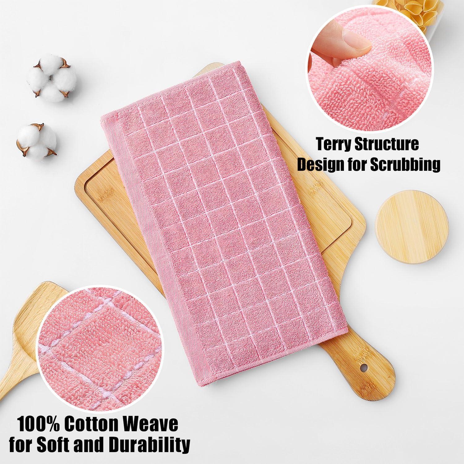 Pink Cotton Terry Kitchen Dish Cloth Set, 12 x 12 Inches, 6 Pack