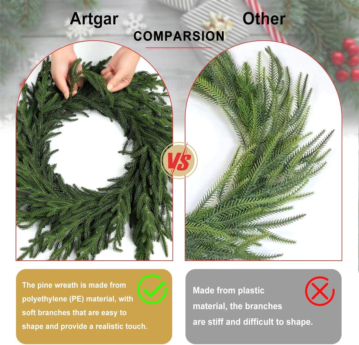 MUYIER 24" Real Touch Norfolk Pine Wreath for Front Door Artificial Christmas Wreath Green Faux Pine Wreath