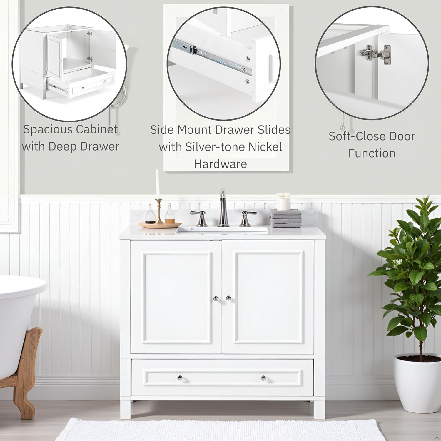 Williamsburg 36"W Transitional Style Vanity Cabinet With Soft Close Doors And Drawers