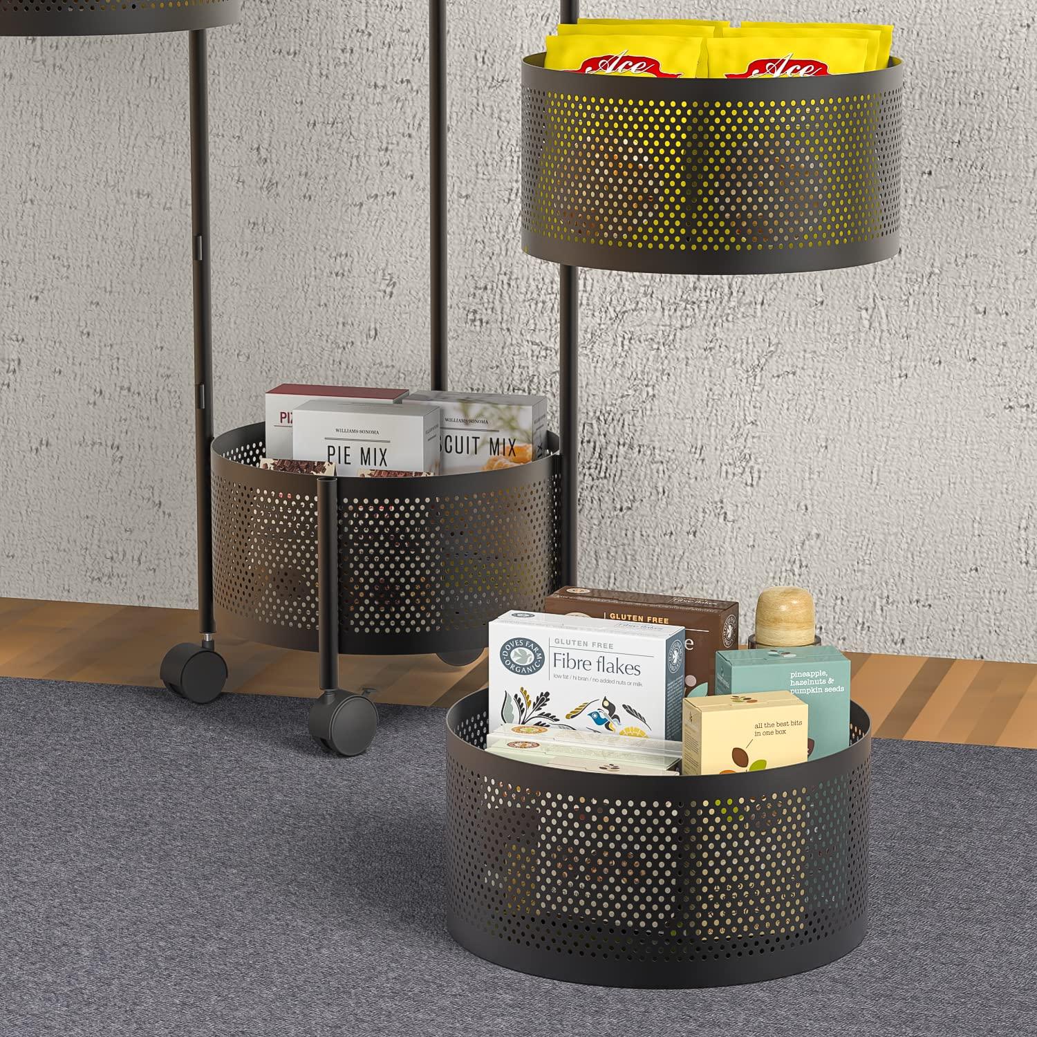Rotating Kitchen Storage Rack No Assembly, 4-Tier Metal Storage Tower Basket Shelves Organizer on Rolling Wheels with Removal Drawers for Fruit Vegetable Grocery Corns Potato Onion (4-Tier, Black)