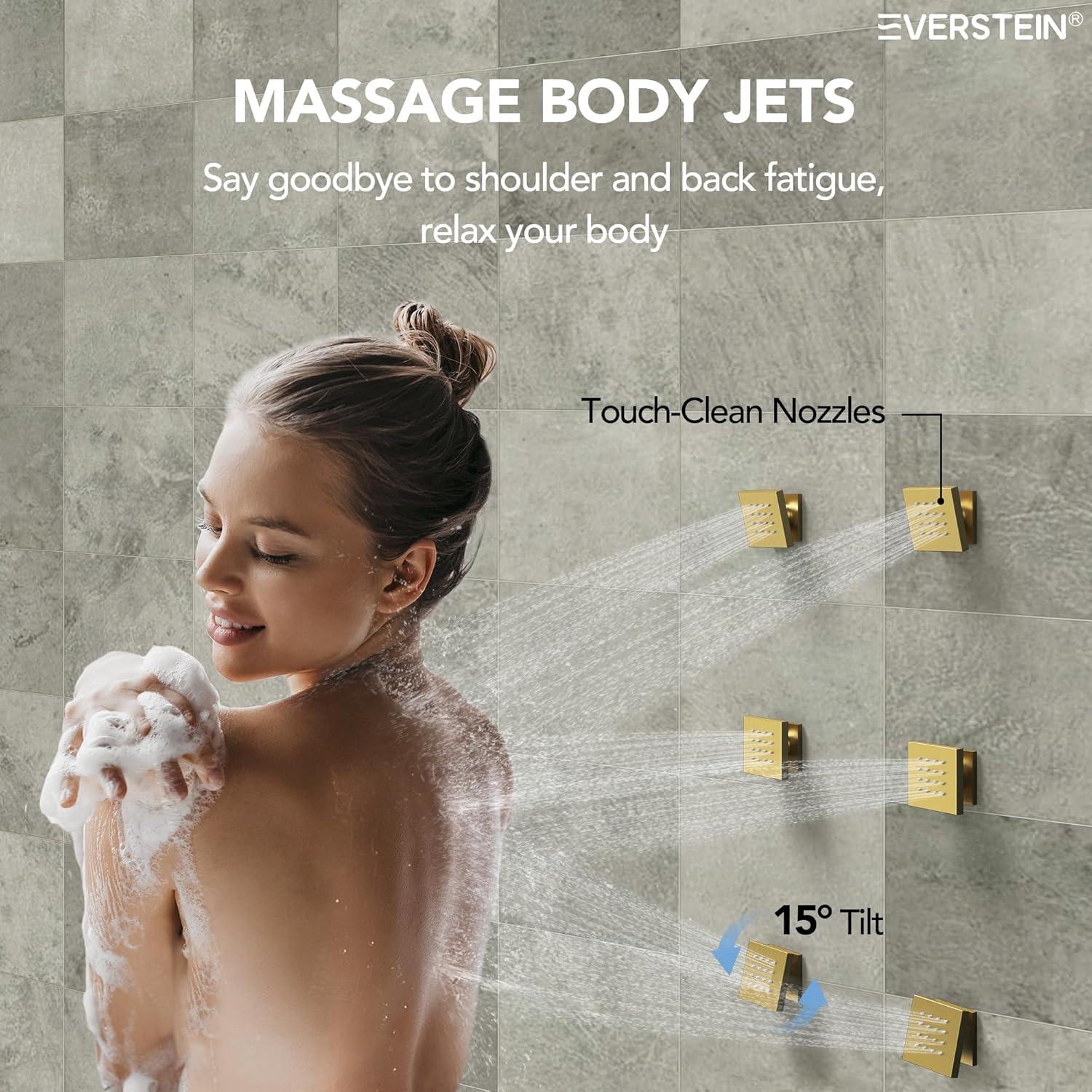 DualJetSpa 16-Inch Rainfall Shower System with Handheld Spray, Dual Showerheads, 6 Body Jets, and Thermostatic Valve