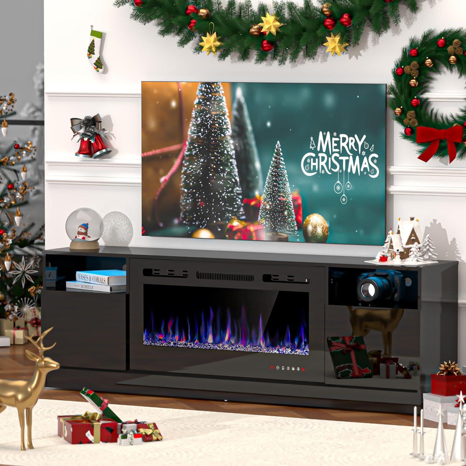 Hohenstein 70'' Fireplace Media Console, LED TV Stand for TVs Up to 80" with 36" Electric Fireplace
