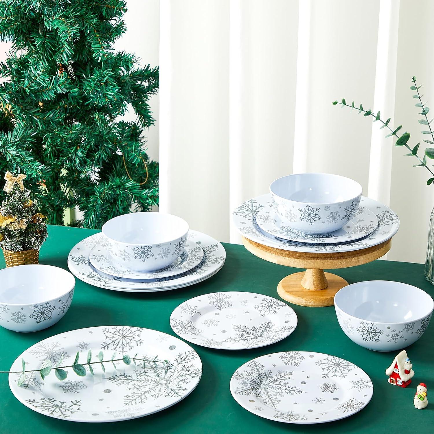 The Holiday Aisle® 12 Pcs Christmas Snowflake Melamine Dinnerware Set Plates And Bowls Set Include  Dinner Plates Plates Soup Bowl,Service For 4 For Christmas Winter Party Supplies