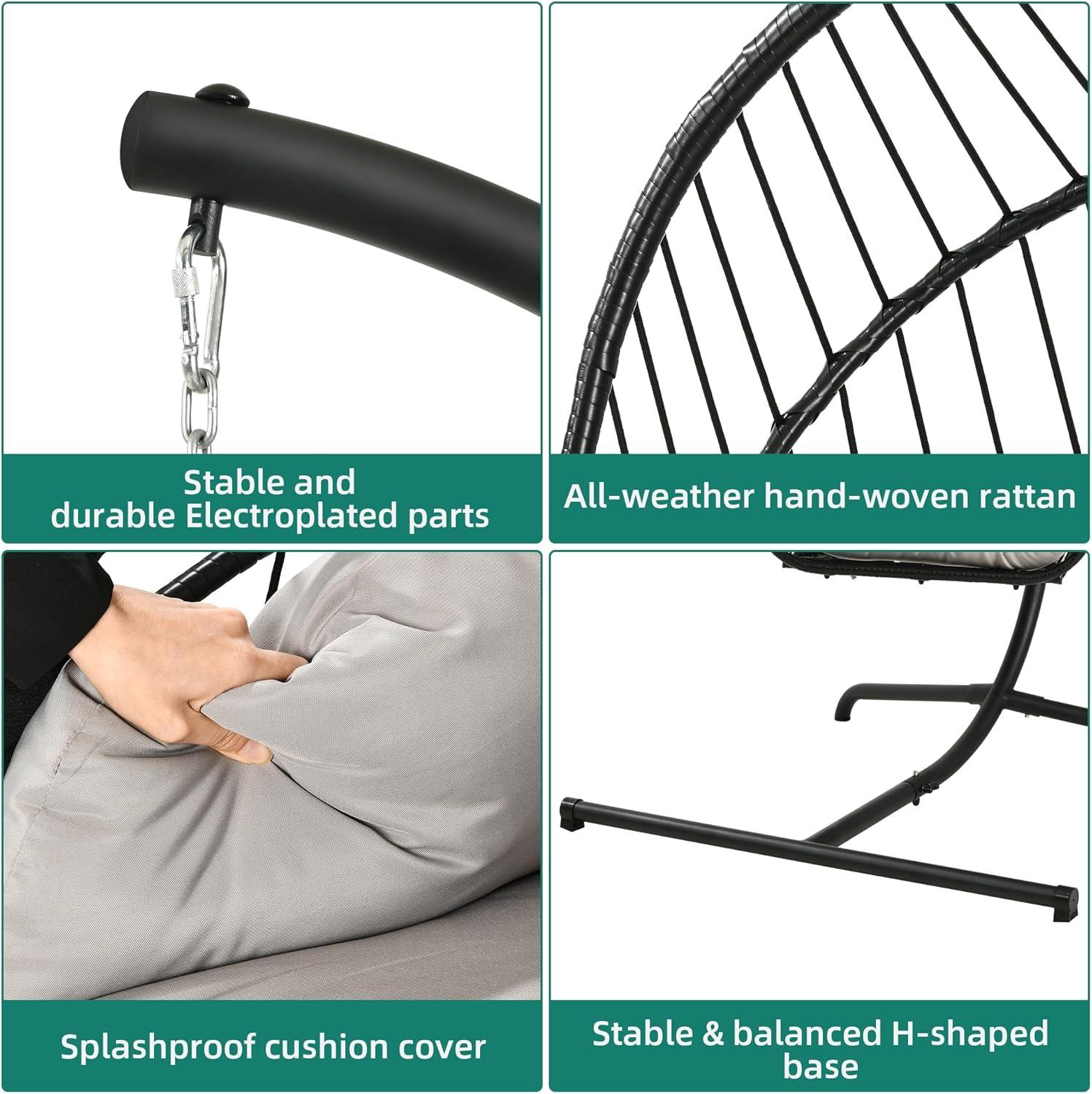 YITAHOME Hanging Egg Chair with Stand, Rattan Wicker Swing Egg Chair with Resistant Cushion, 370lbs Capacity, Foldable Hanging Basket Chair for Porch, Garden, Bedroom, Balcony - Grey