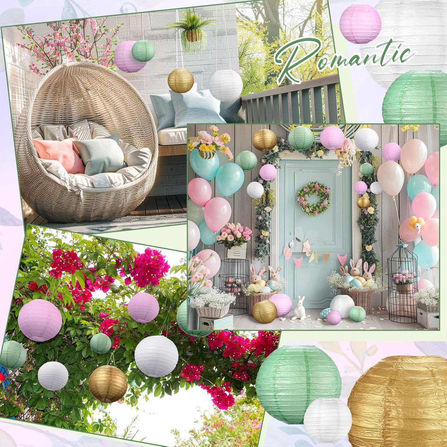 Riakrum 16 Pcs Sage Green Gold Pink Paper Lanterns Party Decorations Mixed Size 6'' 8'' 10'' 12'' Chinese Hanging Round Lanterns for Baby Shower Birthday Wedding Home Decorations Supplies