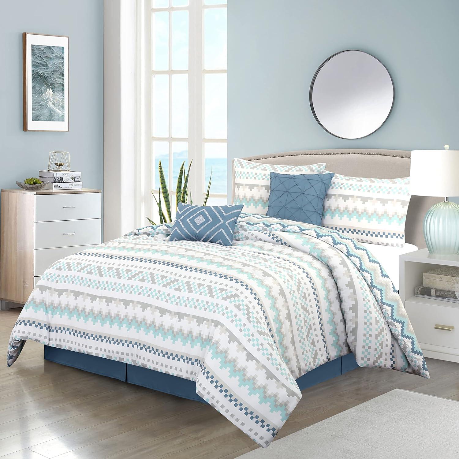 Blue and Gray Geometric Microfiber Queen Comforter Set