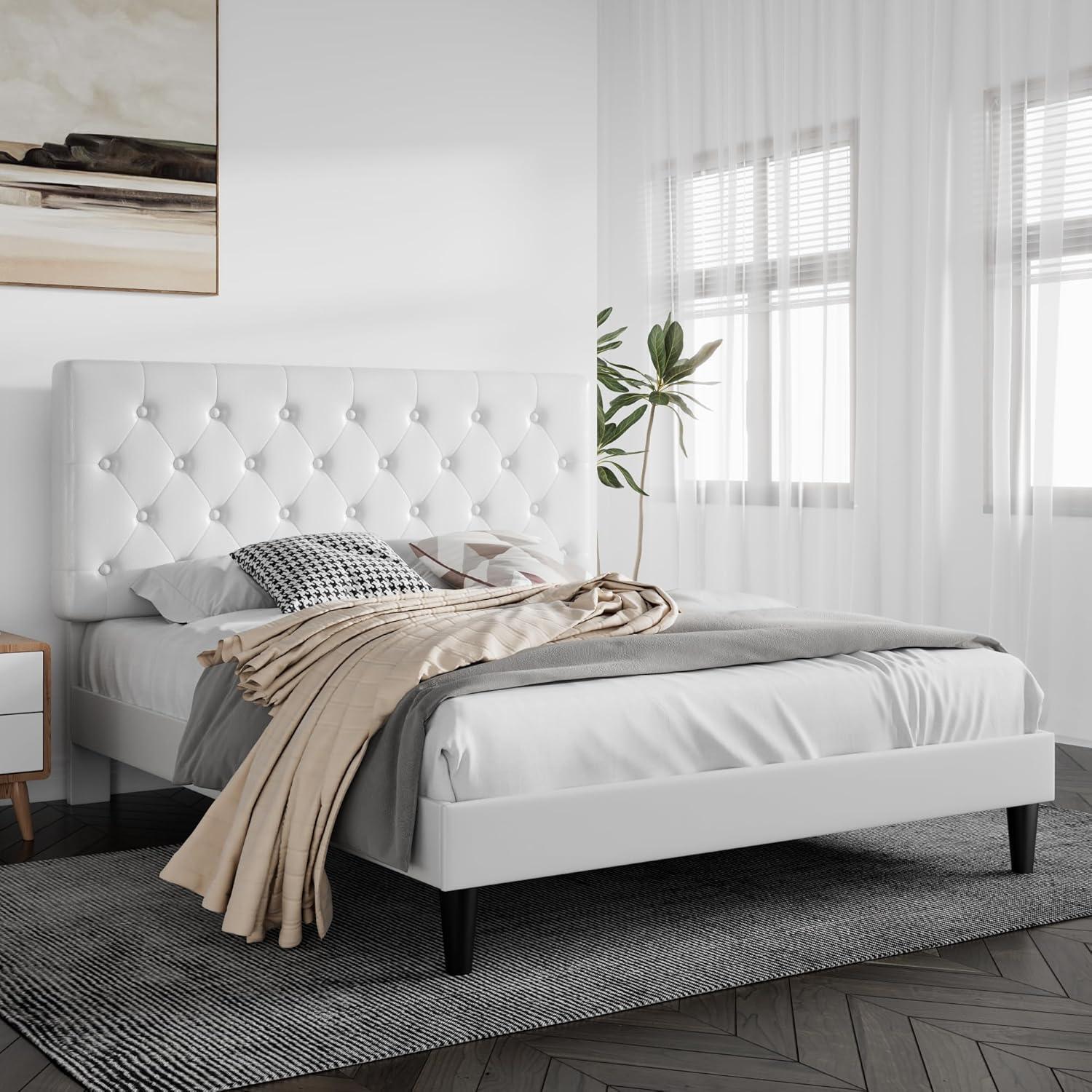 White Faux Leather Queen Platform Bed with Tufted Headboard and Storage