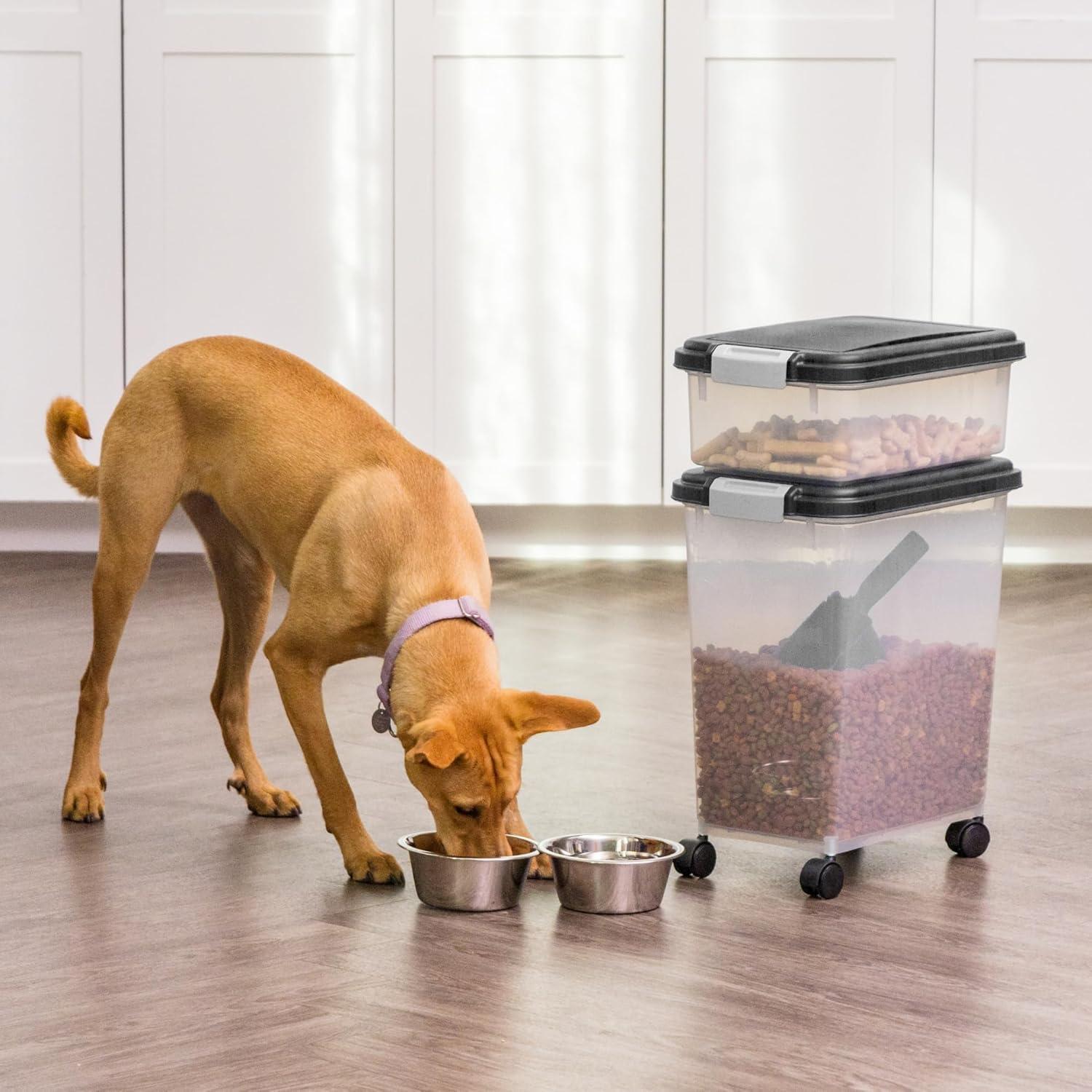 IRIS USA 30 lbs & 11 lbs Combo Airtight Dog Food Storage Container, Stackable Treat Box, 2-Cup Scoop, Casters, Keep Fresh, Easy Mobility, Black