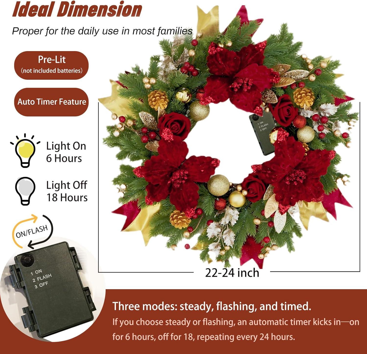 Wreaths for Front Door,Winter Wreaths for Indoor and Outdoor Decorations,Door Wreath with Red Flowers and Golden Ball,Pine Cones,Leaves,Ribbons,Berries for Decor