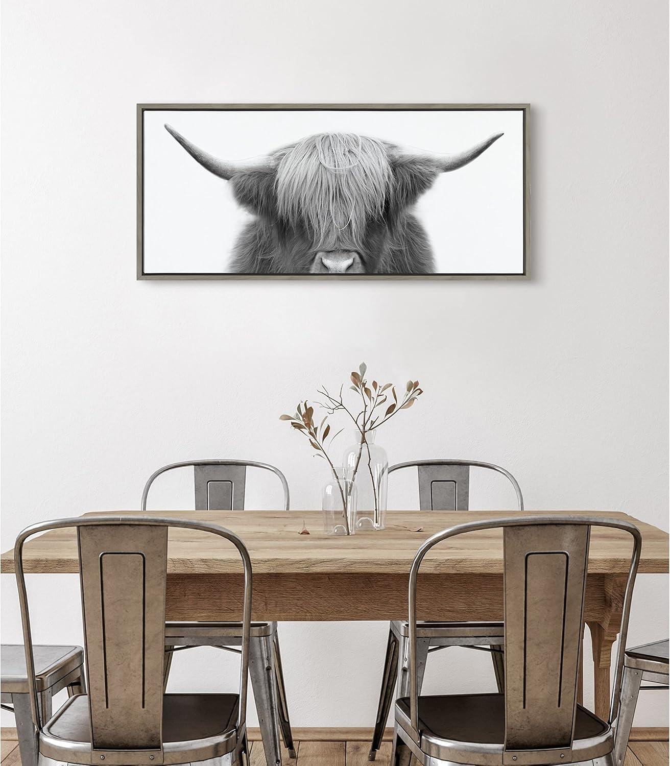 Hey Dude Highland Cow Black and White Framed Canvas Art