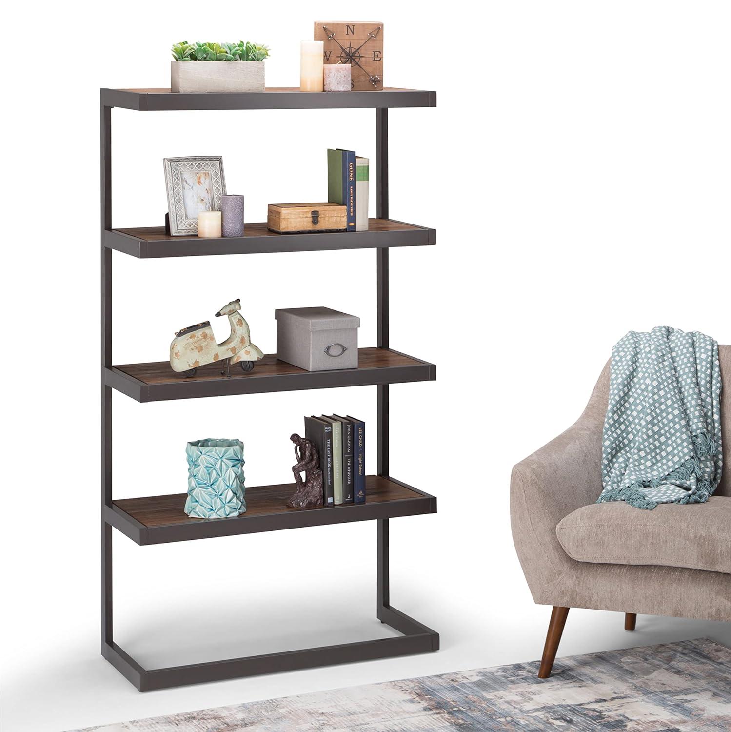 Erina SOLID ACACIA WOOD and Metal 66 inch x 36 inchRectangle Industrial Bookcase in Rustic Natural Aged Brown-Color:Rustic Natural Aged Brown,Material:Metal,Style:Modern Industrial