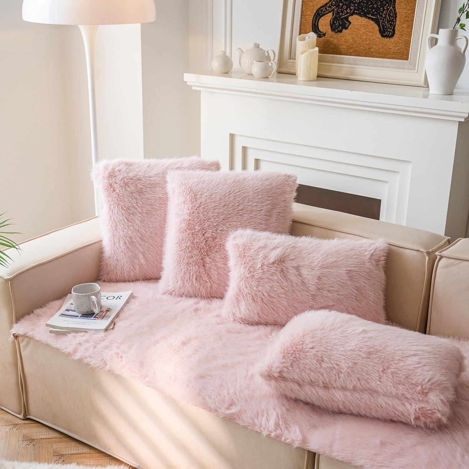 Set of 2 Fluffy Pillow Covers New Luxury Series Merino Style Blush Faux Fur Decorative Throw Pillow Covers Square Fuzzy Cushion Case 18x18 Inch