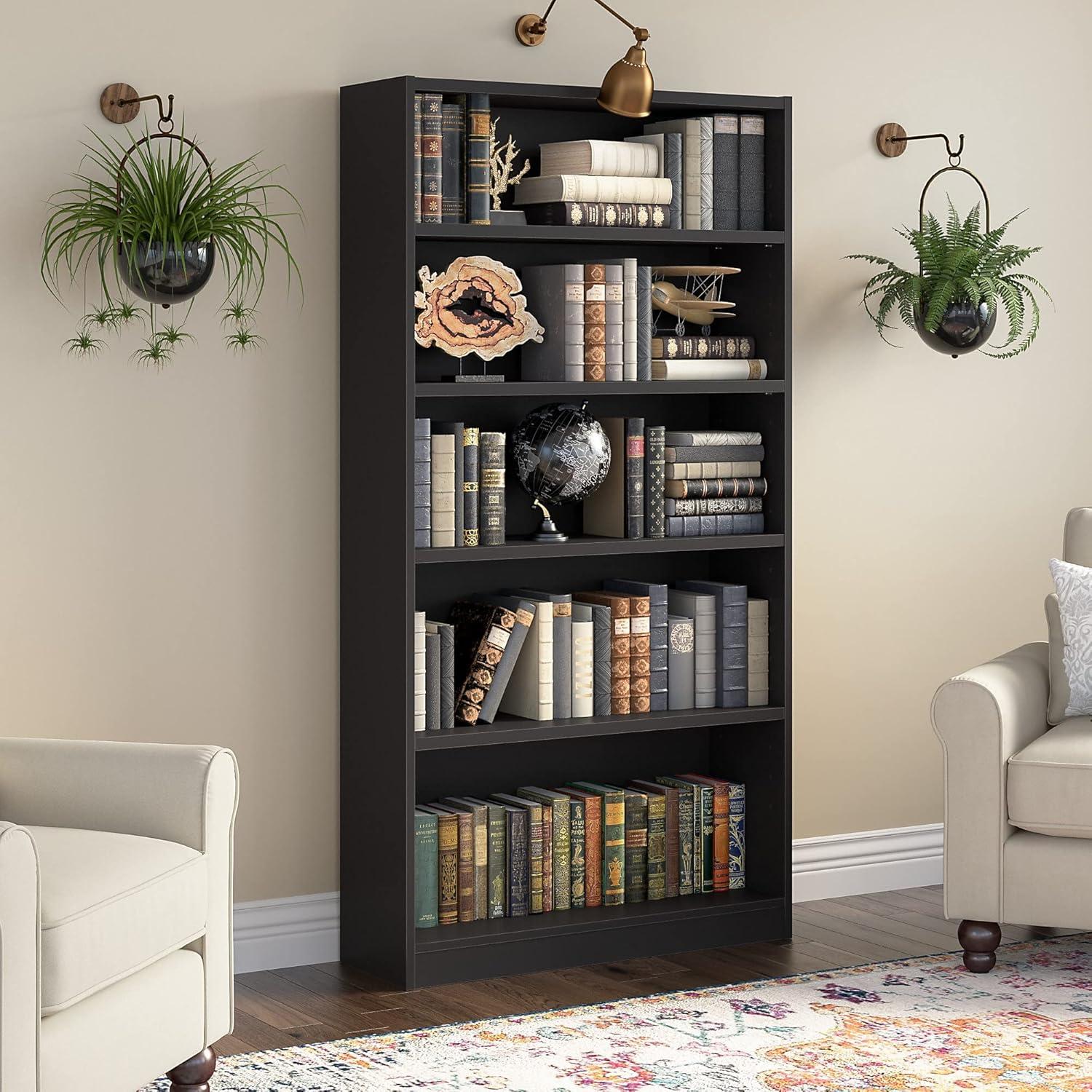 Contemporary Black Wood Adjustable 5-Shelf Bookcase