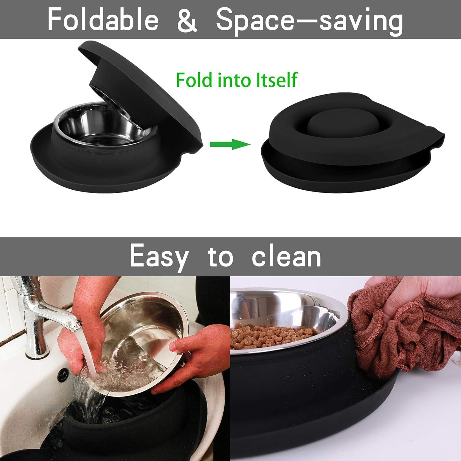 100% Waterproof BPA Free Pet Dog Bowls2 Stainless Steel（53oz+27oz） with 1.35“ Raised Edge Silicone Mat + Slow Feed Dog Water and Food Bowls for Feeding Small Large Dogs Cats Puppies (Black)