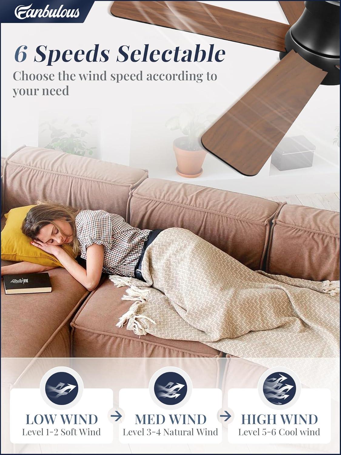 Fanbulous 42 Inch Ceiling Fans with Lights and Remote,Outdoor Indoor Modern Flush Mount Ceiling Fan with 3CCT 6-Speed Quiet DC Motor,Black Small Low Profile Ceiling Fan for Bedroom Living Room Office