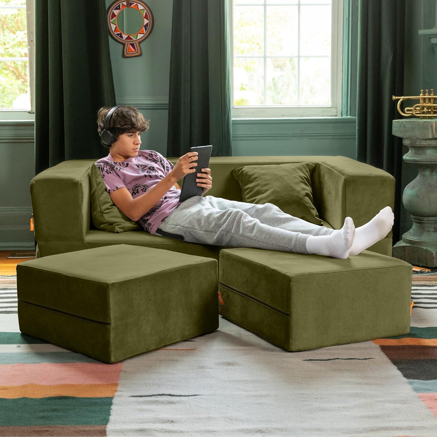 Jaxx Zipline Convertible Sleeper Loveseat & Ottomans/Queen-Size Bed, Moss
