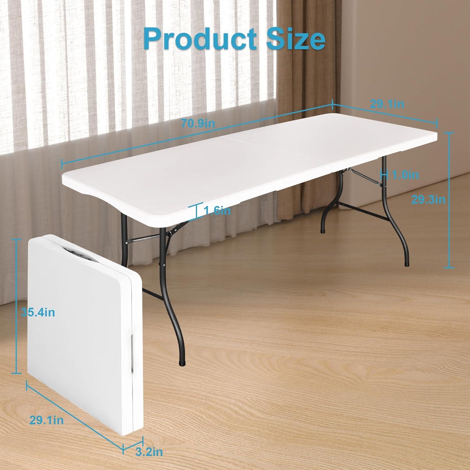 BreeRainz 6-foot Heavy Duty Folding Table, Multipurpose Portable Table for Outdoor Camping, Picnics, Parties and Indoor Events - White Training Table, Static Load Capacity 330 lbs