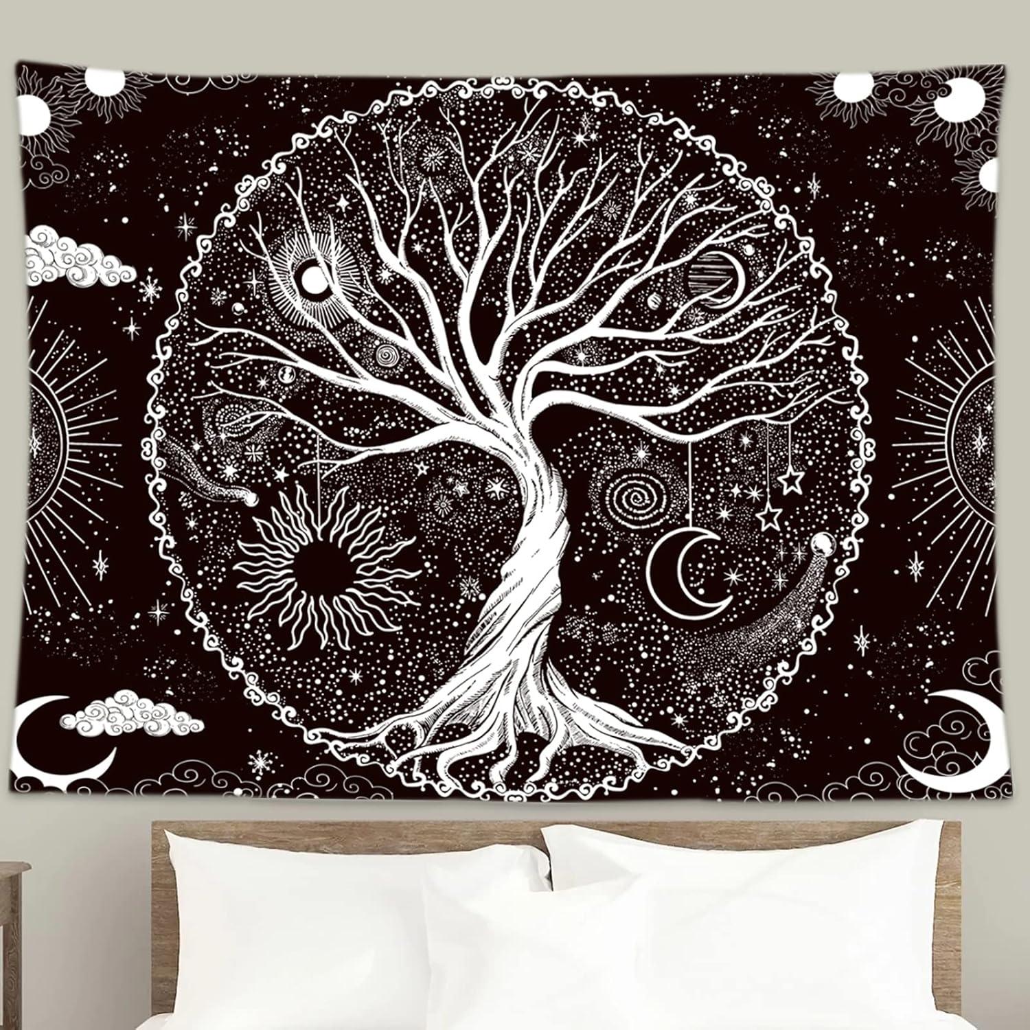 BCIIG Tree of Life Tapestry Wall Hanging Black and White Wishing Tree Galaxy Space Sun & Moon Tapestry Psychedelic Mystical Aesthetics Wall Hanging Living Room Bedroom Cosmic Tree