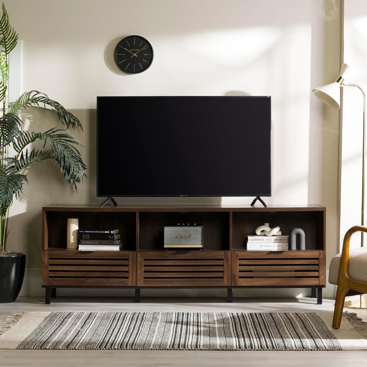 70-Inch Dark Walnut Slatted Wood TV Stand with Cabinets