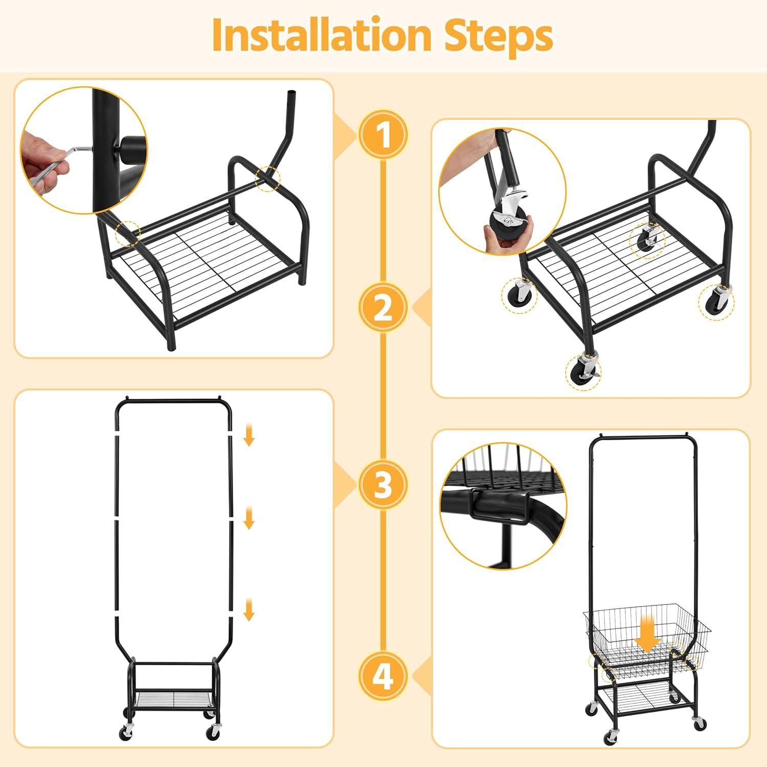 Laundry Cart with Wheels and Hanging Rack, Garment Rack with Storage Shelves and Coat/Hat Hanging Hooks, Rolling Laundry Basket for Laundry Bedroom Hallway, Black