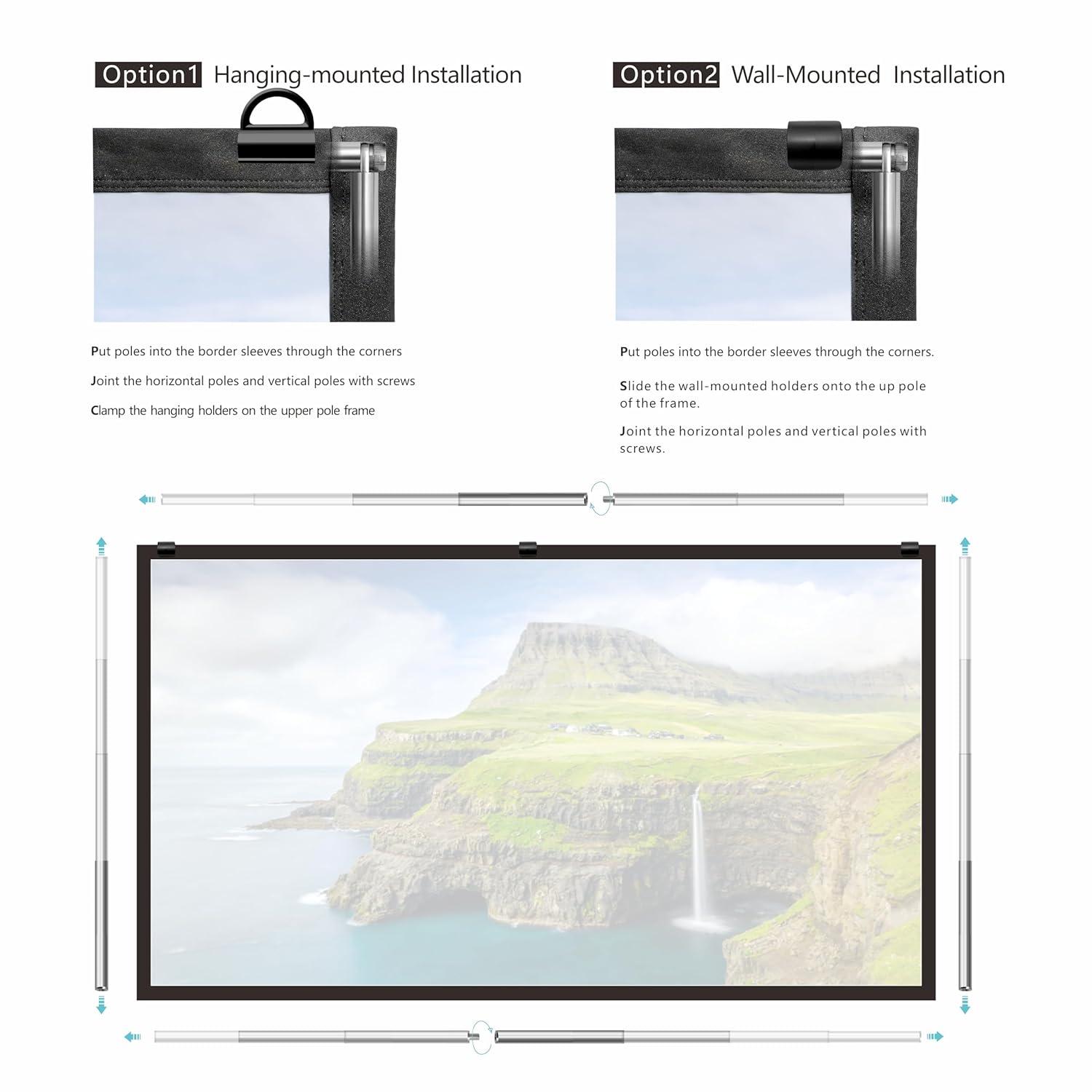Foldable Projector Screen 120 inch with Lightweight Telescopic Pole Frame Wall Mounted Anti-Crease Black Backing Silver Portable Projection Screen