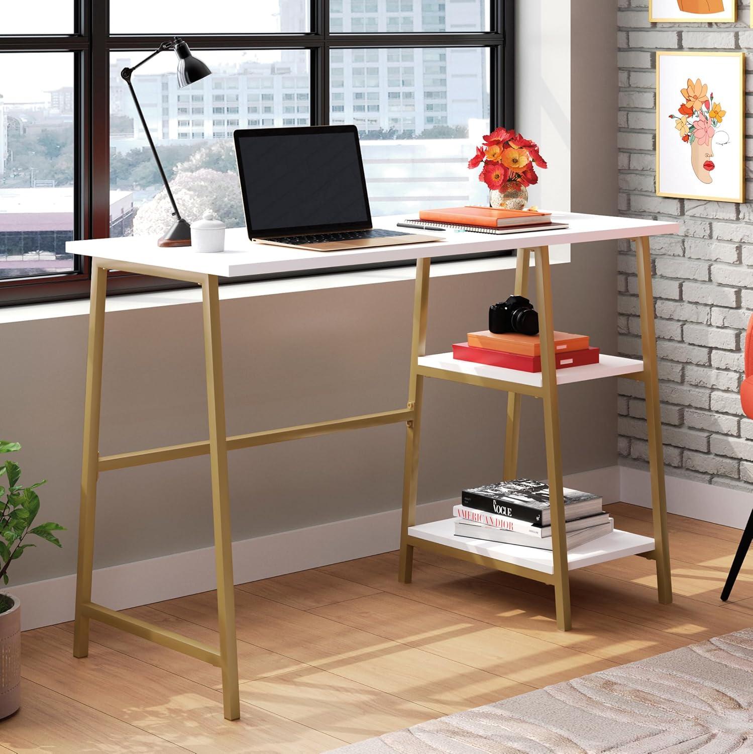 Modern White and Gold Desk with Open Shelves and Metal Frame