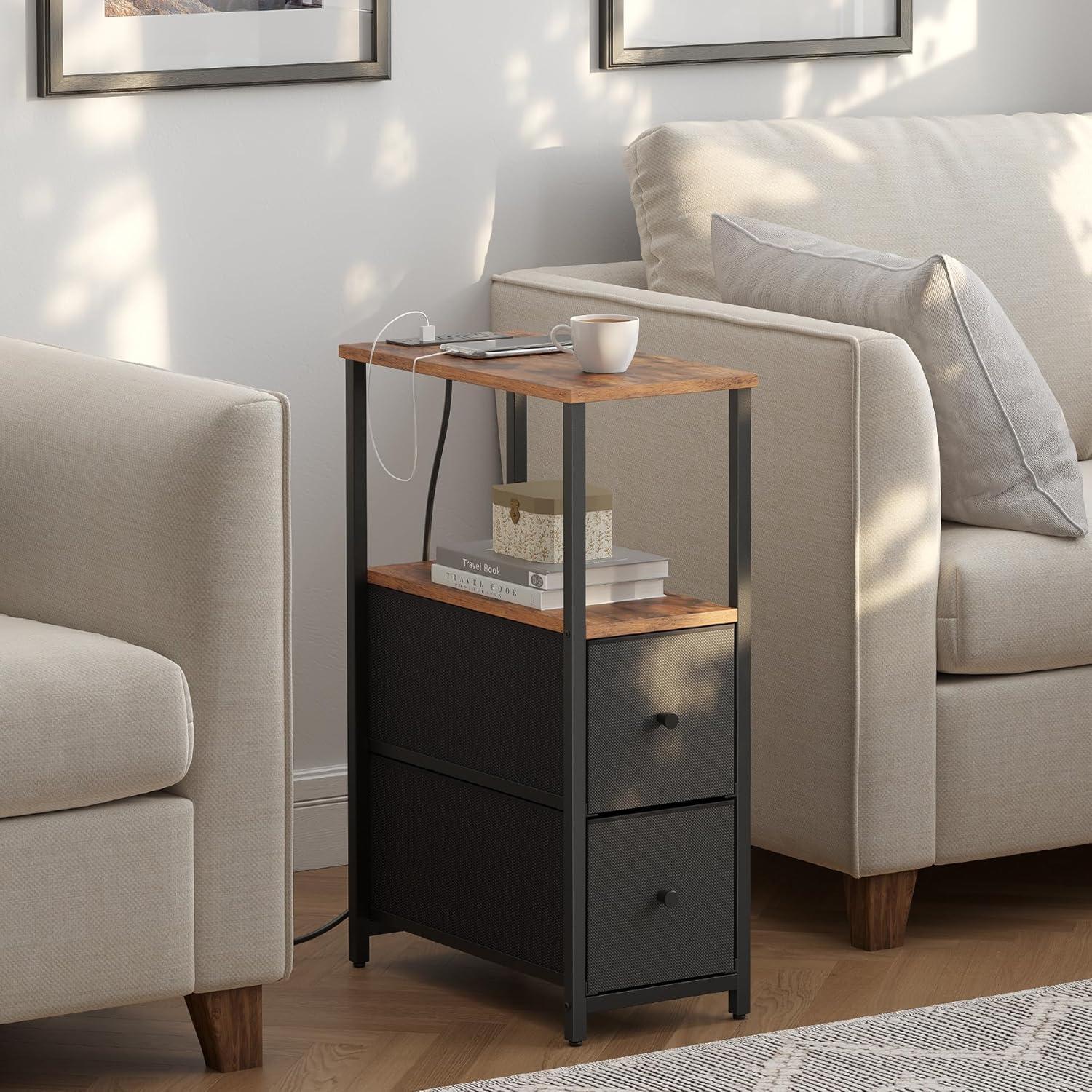 Brown and Black Narrow End Table Set with Charging Station