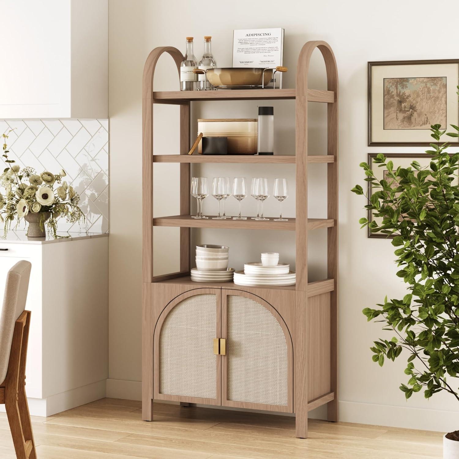 Boho 3-Shelf Bookshelf Cabinet With Rattan Doors
