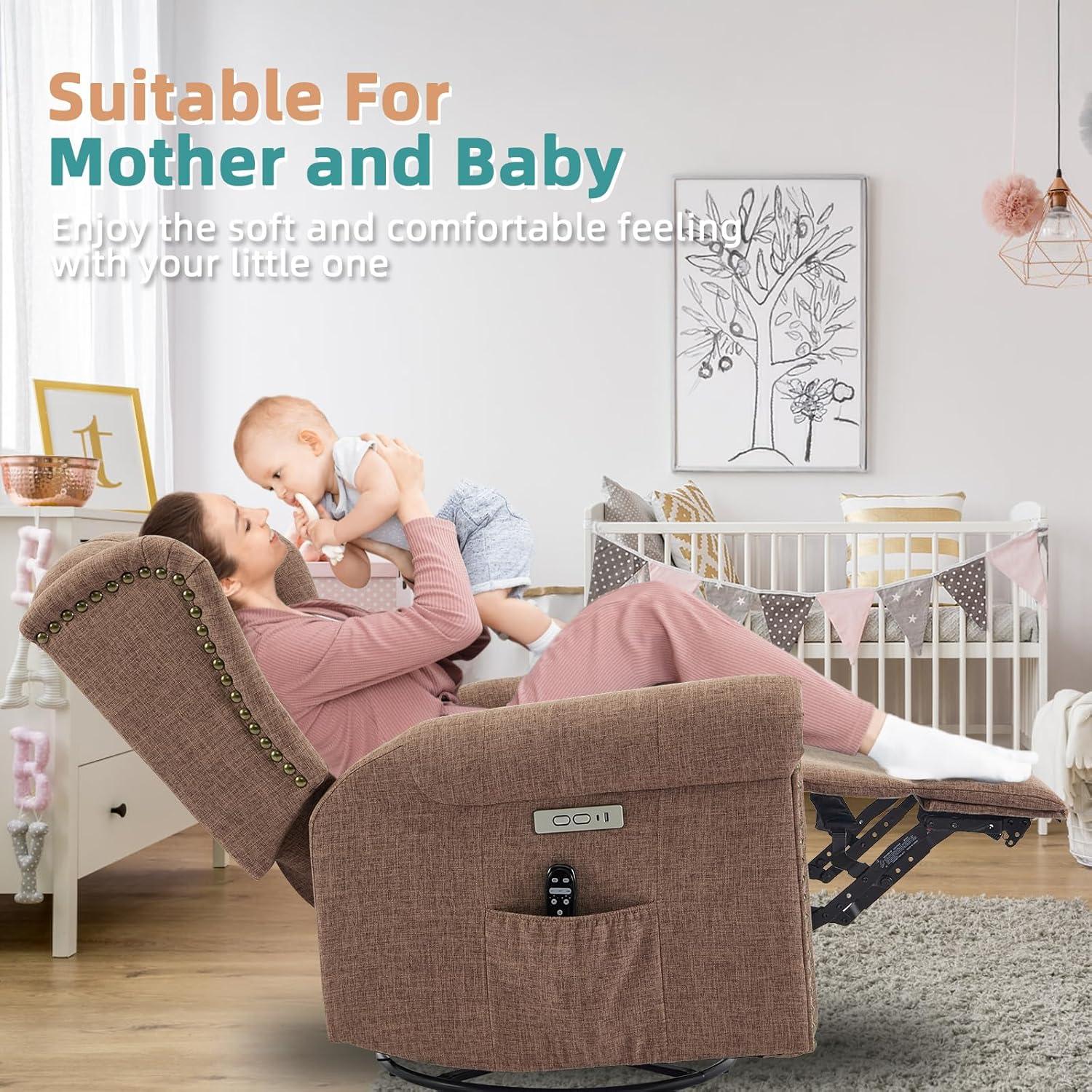 MEETWARM Meetwarm Power Swivel Rocking Glider Recliner Chair With Heat And Vibration, Electric Rocker Nursery Reclining Chair, Wingback Tufted Upholstered Recliner For Living Room, Type-C & Usb Ports