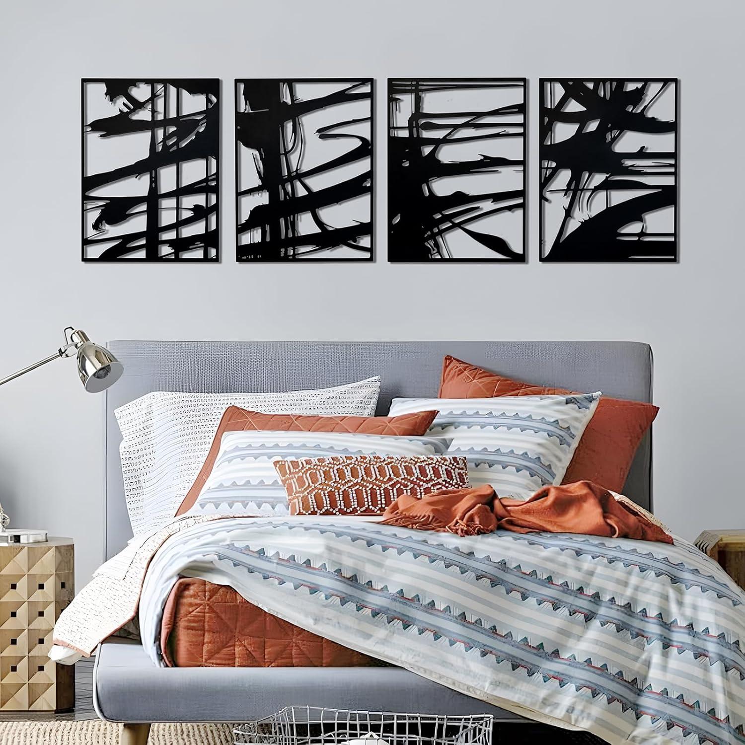 Ivy Bronx 4 Pack Black Abstract Metal Wall Art, Minimalist Décor Single Line Art Wall Décor, 3D Textured Metal Wall Sculptures, For Living Room Bedroom Bathroom Study Room (Black Abstract, M Size 16 X 11'')