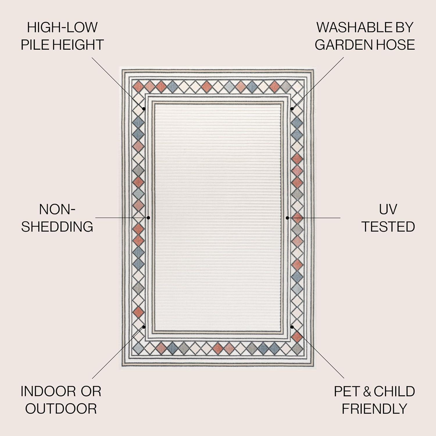 JONATHAN Y Sebastian High-Low Modern Diamond Border Ivory/Beige 3 ft. x 5 ft. Indoor/Outdoor Area Rug