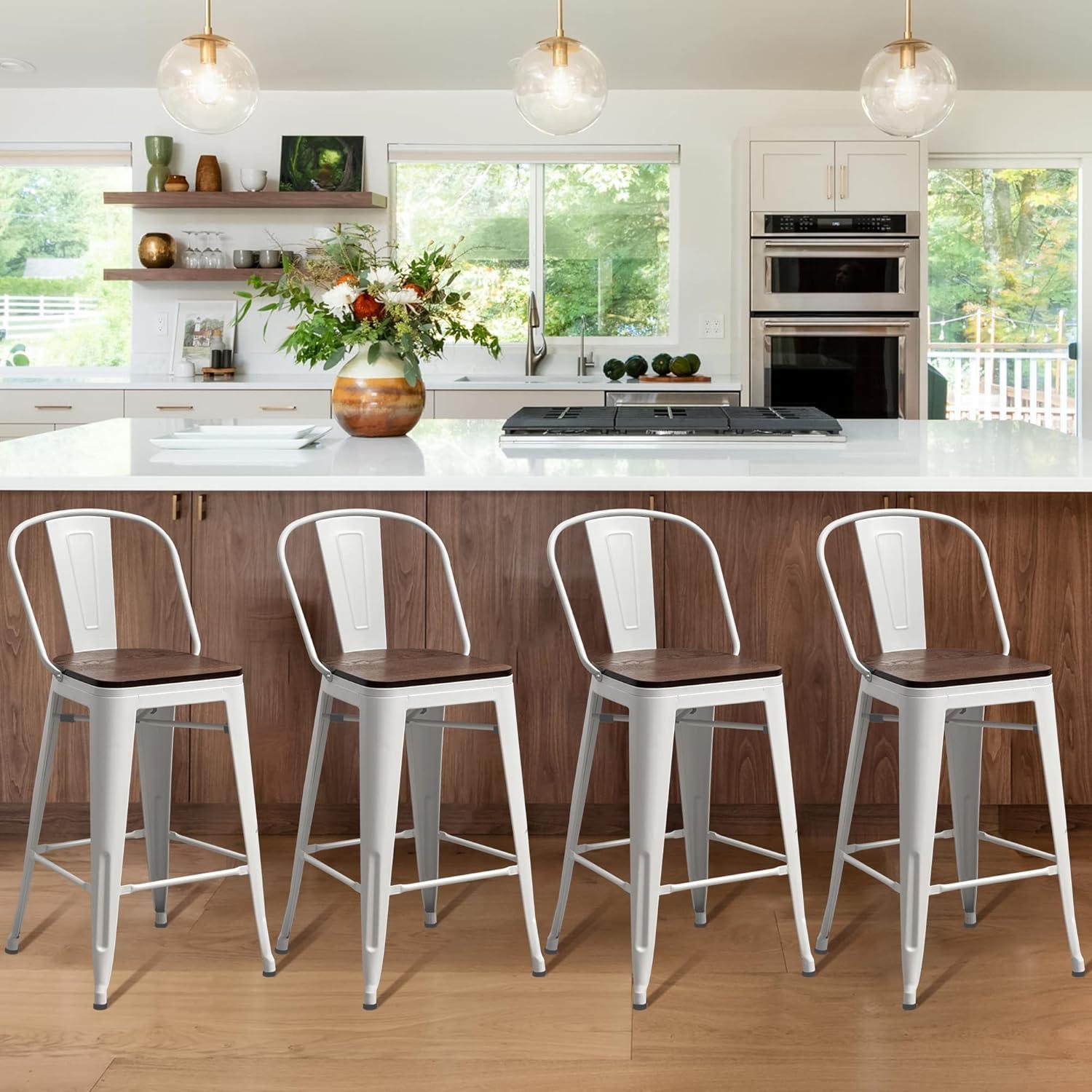 Aklaus Metal Bar Stools Set of 4,24 inch Barstools Counter Height Bar Stool with Back Farmhouse Bar Stools with Larger seat High Back Kitchen Dining Chairs Modern Bar Chairs White Cream Stool
