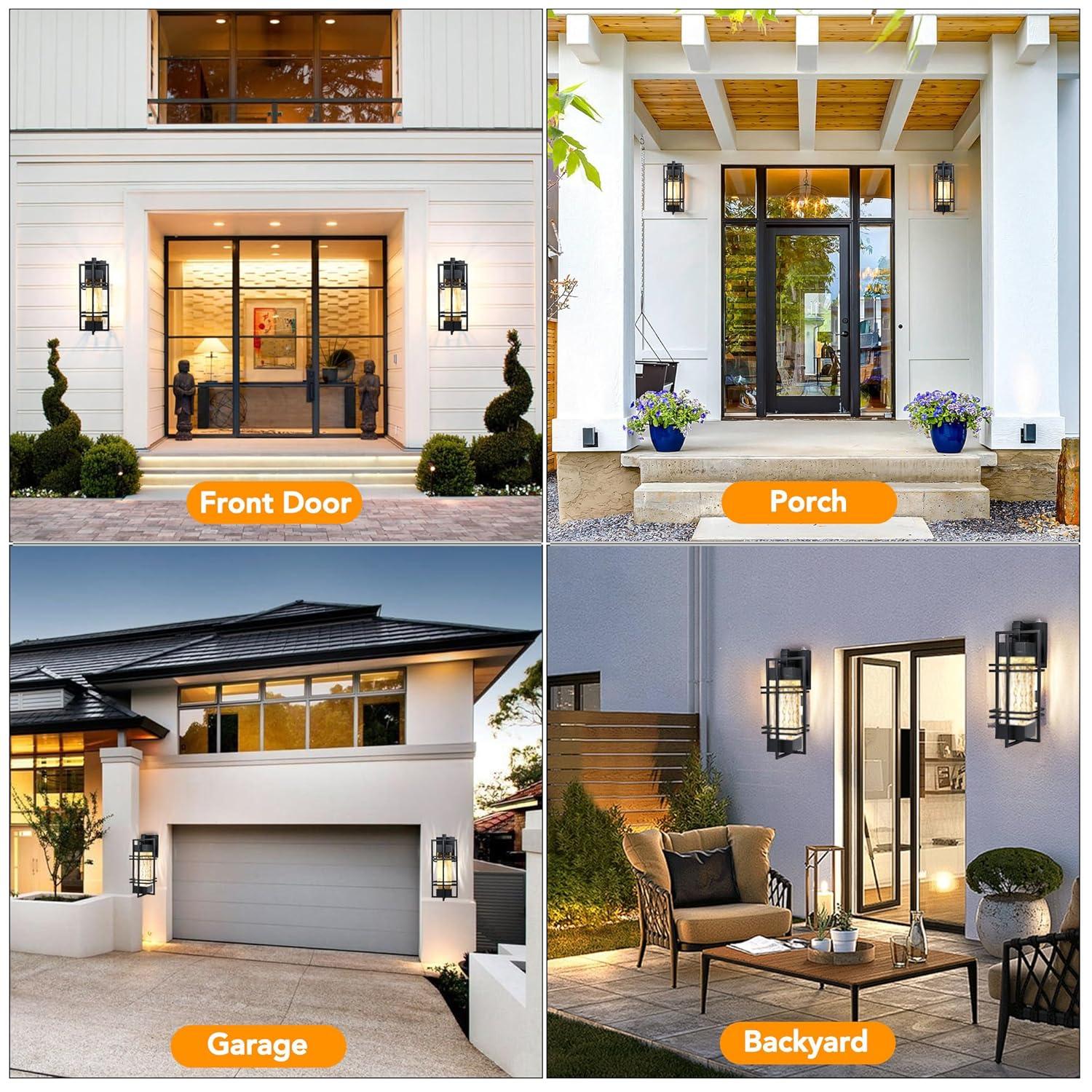 Black Modern Outdoor Wall Lanterns with Tempered Glass Shade, 9.76''