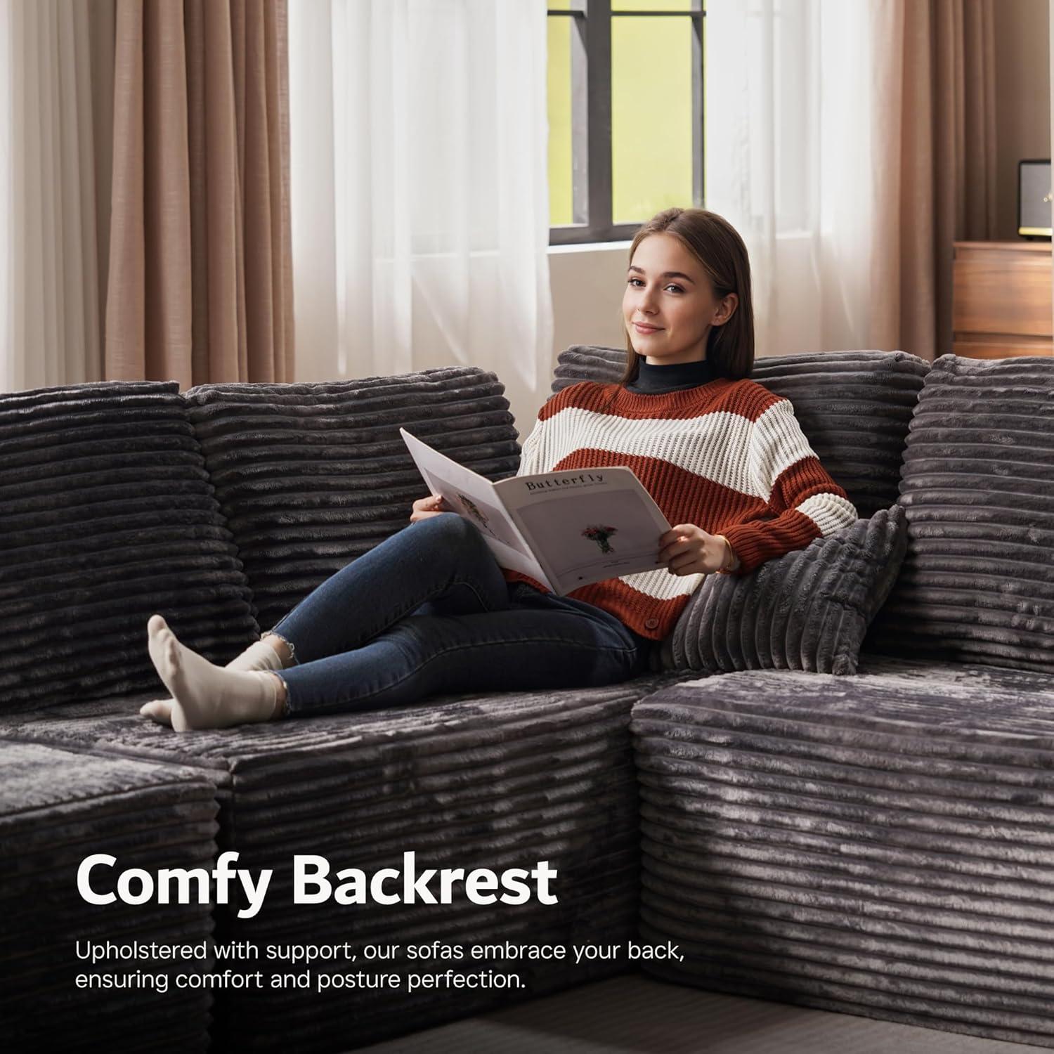 Ovios 135" U-Shape Modular Sectional Sofa Extra Large Plush Corduroy Couch with Ottoman Deep Seat Cloud Sofa Bed for Living Room, Gray, No Assembly Needed