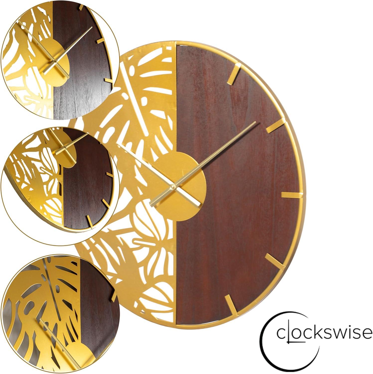 Clockswise 23.6” Round Big Wall Clock, brown wood and gold Metal with Leaf Cutout for Entryway Office Living Room or Kitchen, Hanging Supplies Include