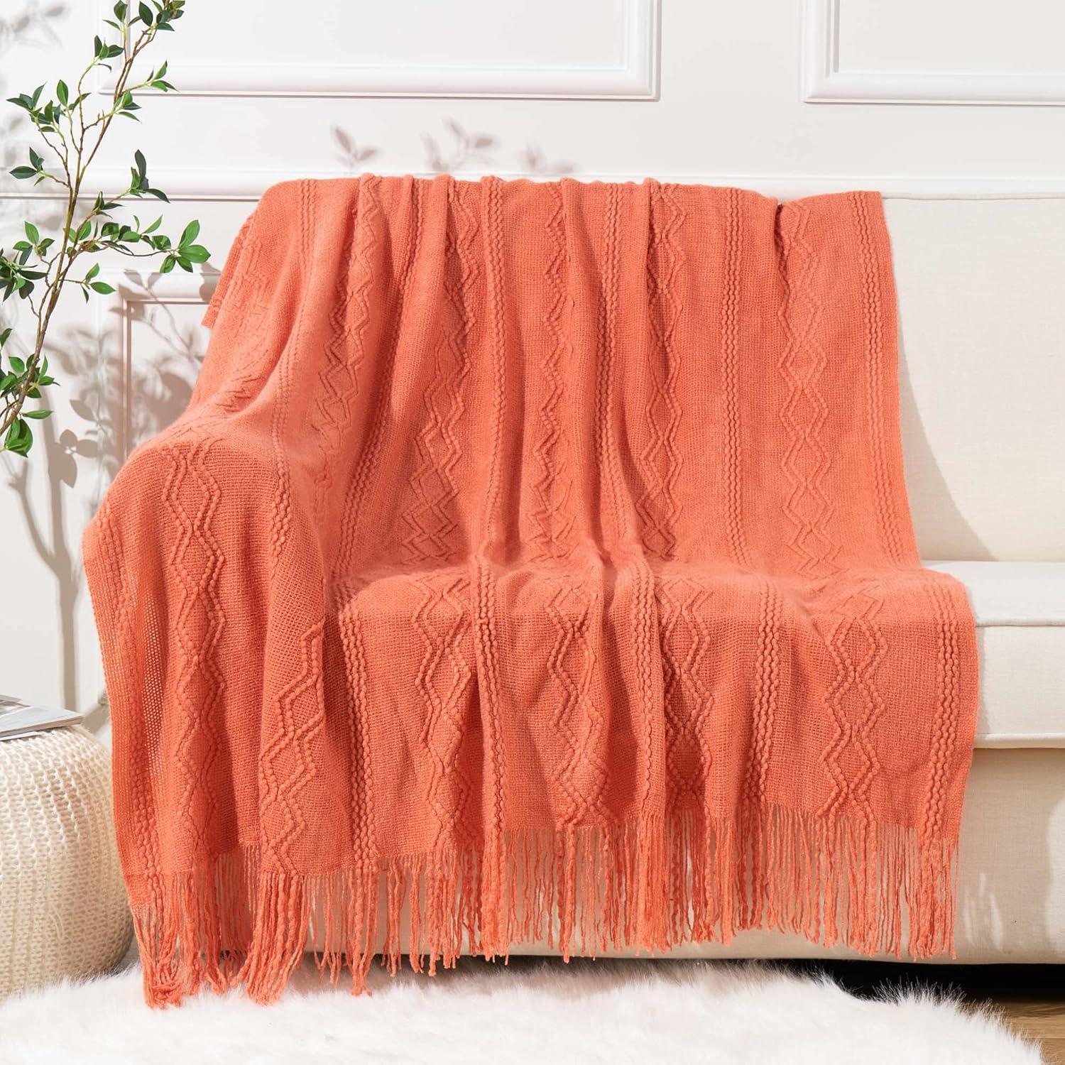 Battilo Burnt Orange Throw Blanket for Couch,Decorative Fall Throw Blanket with Tassels Halloween Throw Fall Decor, 50"x60"