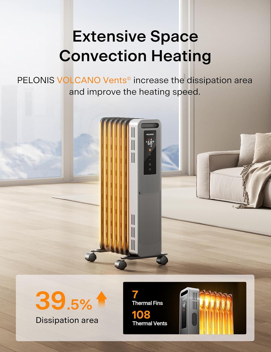 Pelonis 1500W Corded Electric Radiator Heater, 3 Heat Settings, Rooms up to 250 sq ft, Black