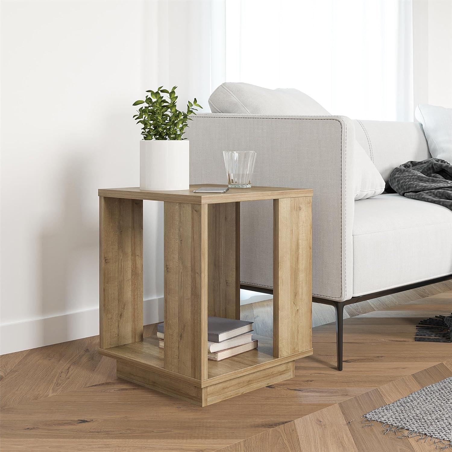 Natural Engineered Wood Rectangular Side Table with Shelf