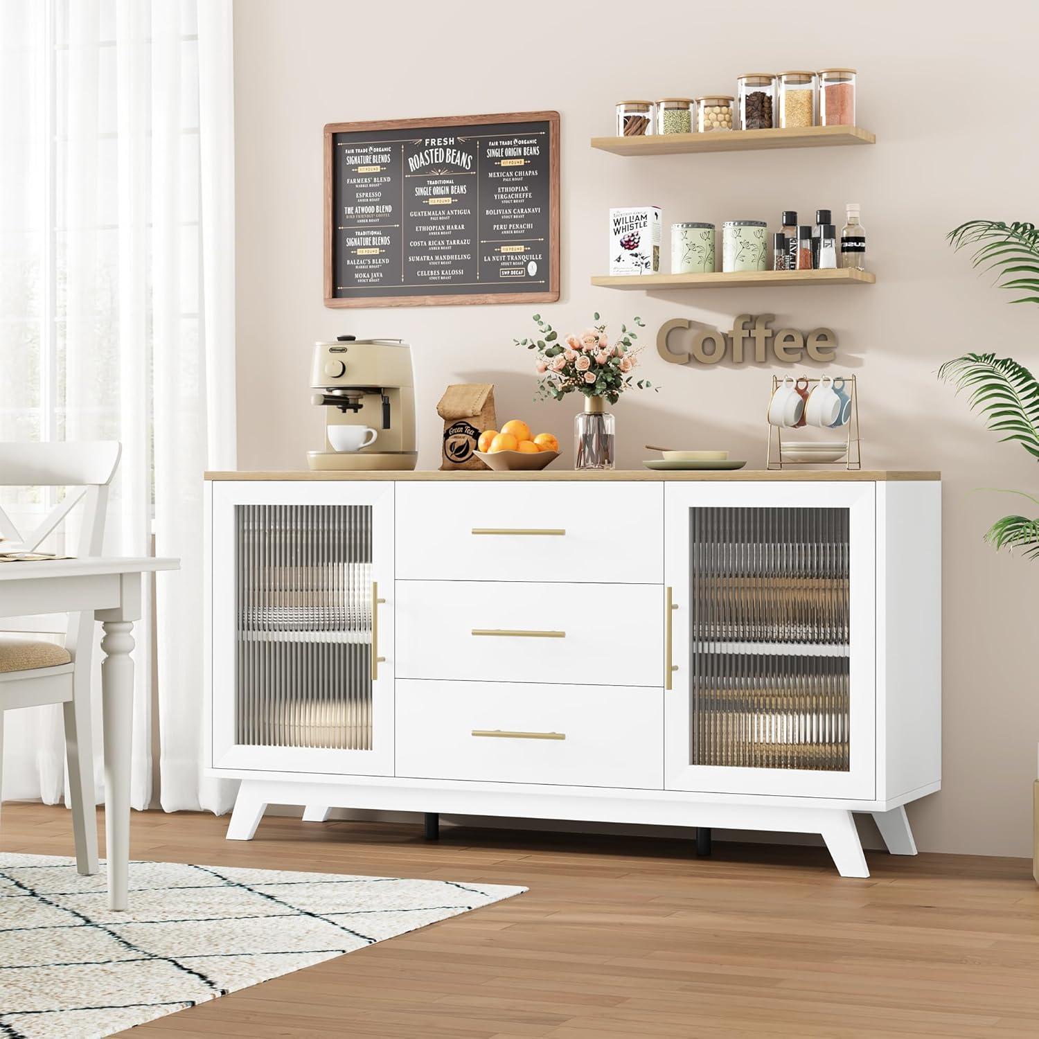 56" White Sideboard Buffet Cabinet with Natural Top and Fluted Glass Doors