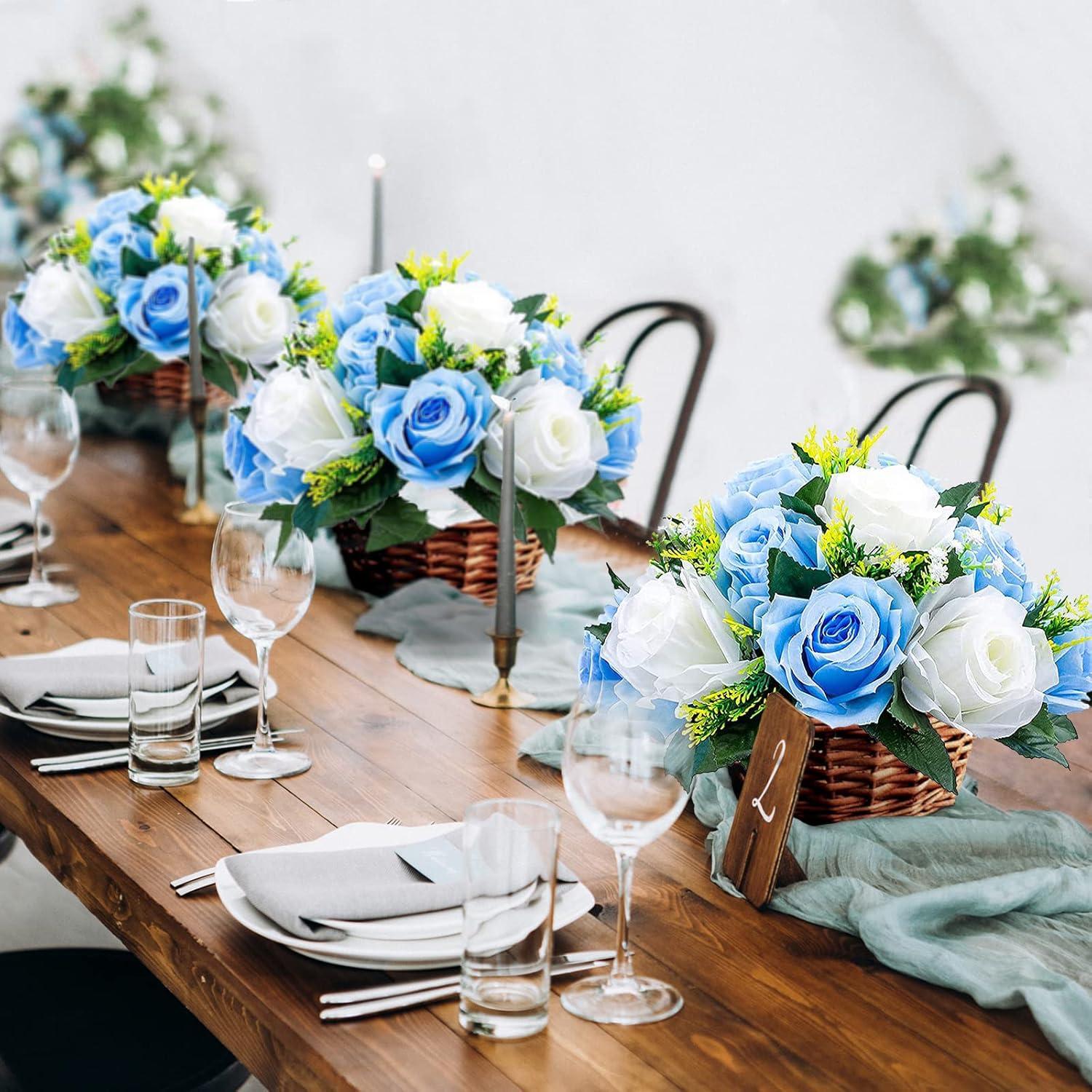 Nuptio Set of 2 Blue&White Artificial Flower Kissing ball, 15 Heads Fake Peony Silk Rose Flowers Bouquet for Centerpiece Wedding Birthday Party Home Table Decor