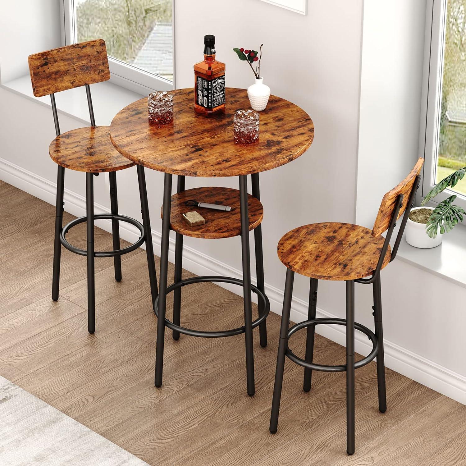 Rustic Brown and Black Metal 3-Piece Pub Table Set with Storage Shelf