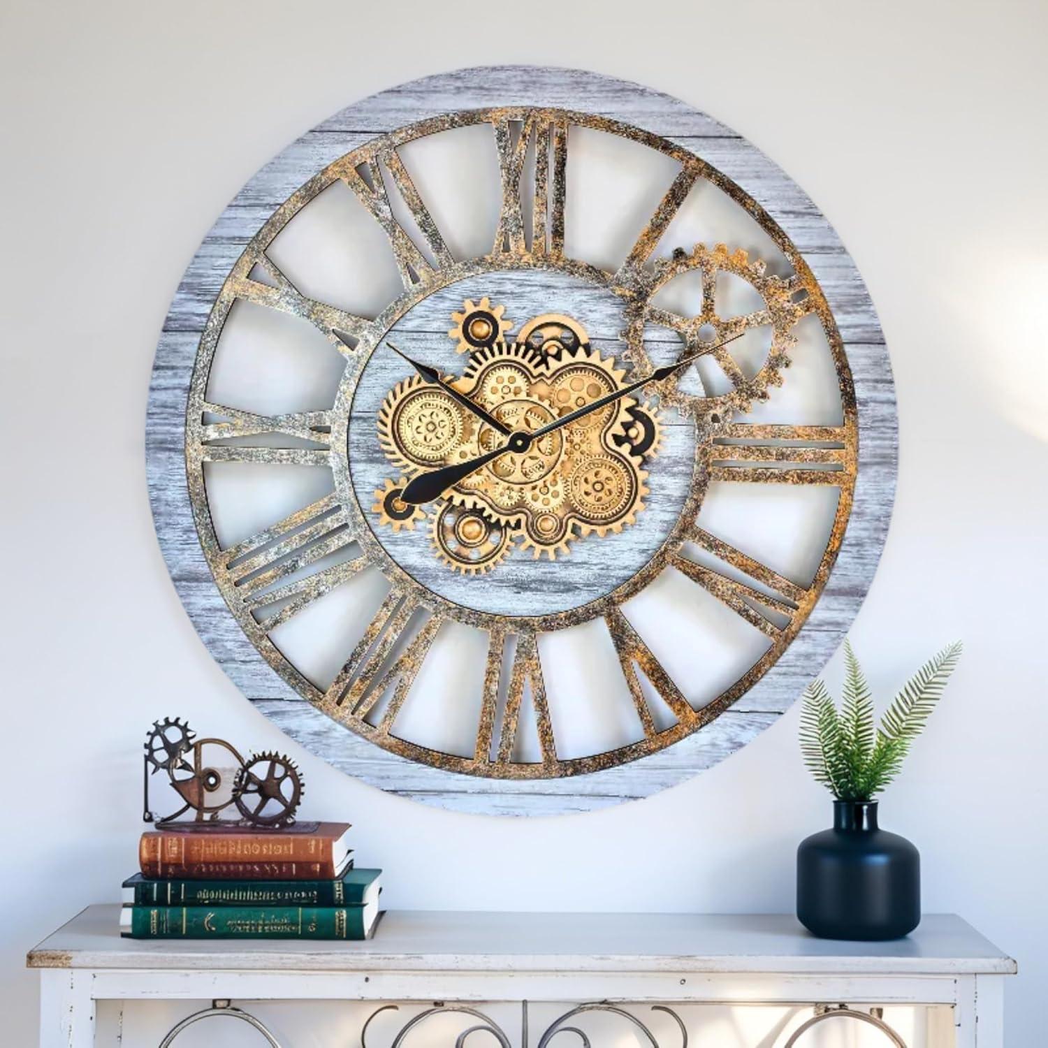 The Gears Clock Wall Clock 36" Round Oversized for Living Room decor with Real Moving Gears America Collection