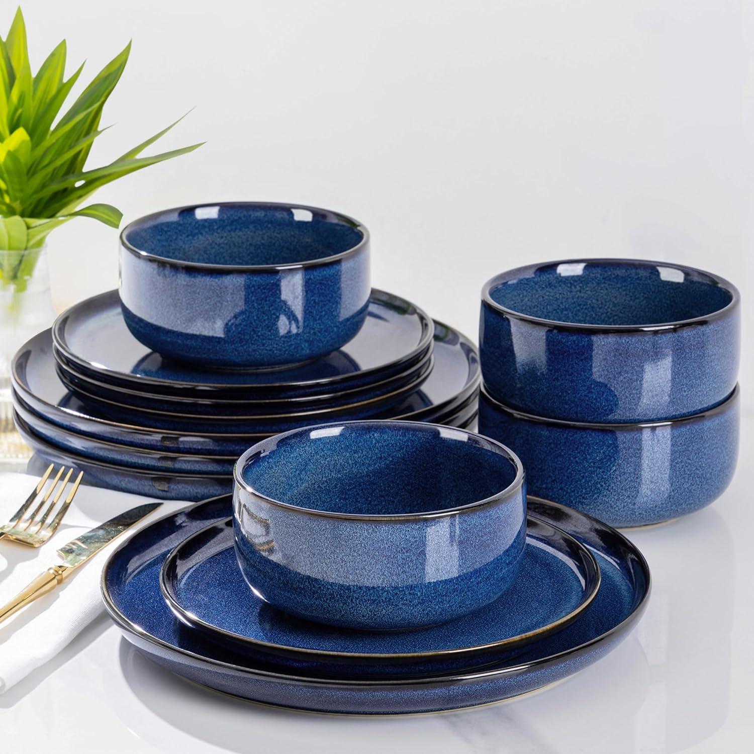 One Allium Way® 12-Piece Reactive Glaze Plate and Bowl Set, 4-Person Dinnerware Set, Scratch Resistant Dinnerware Set